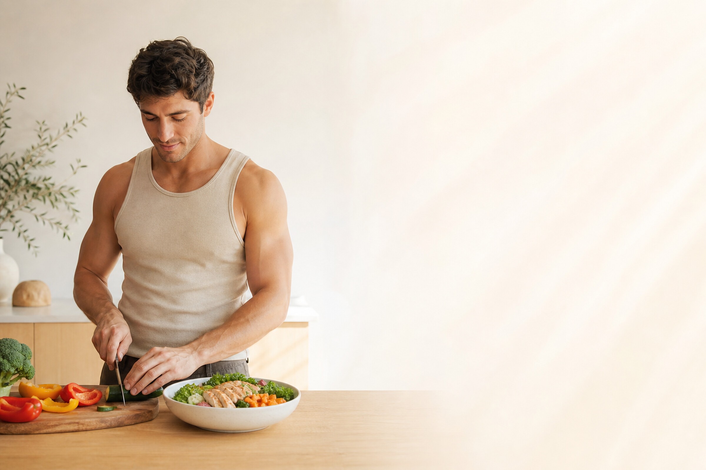 An athlete preparing a meal in a kitchen