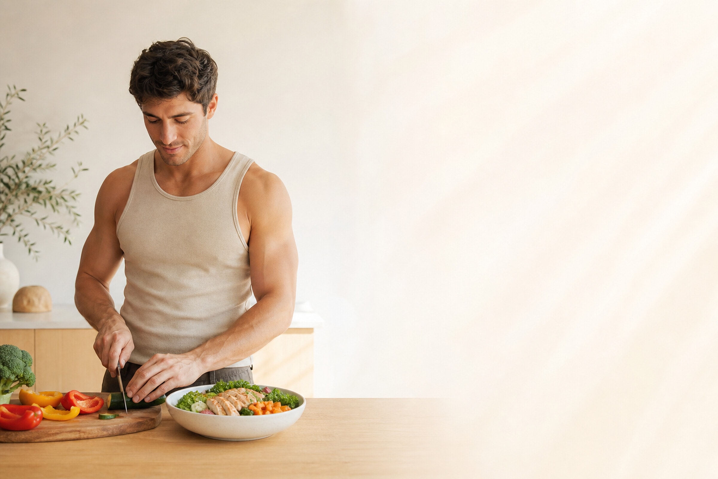 Athlete slicing fresh vegetables and plating a healthy bowl in a bright kitchen