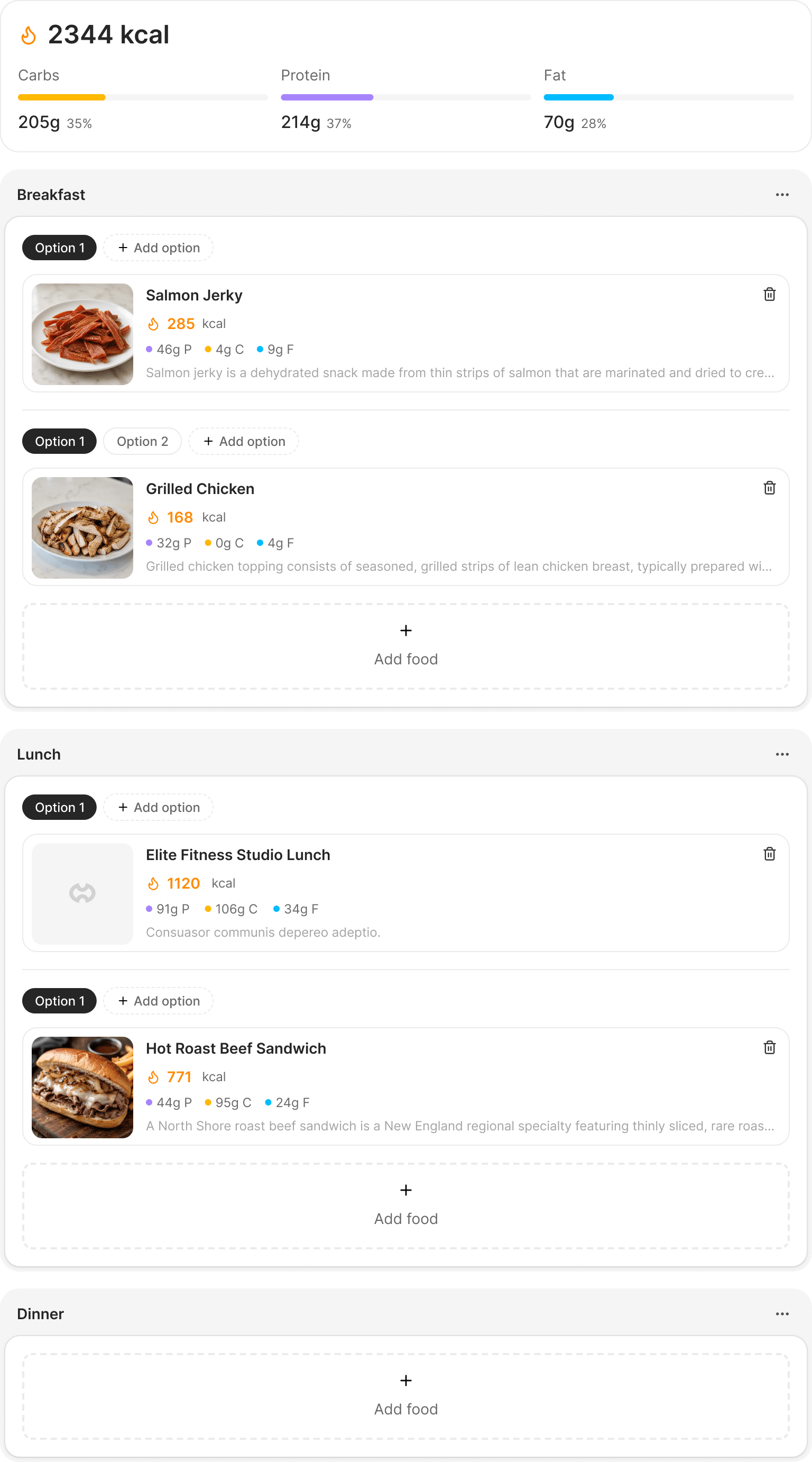Straton meal plan with per-meal options and full macro breakdown