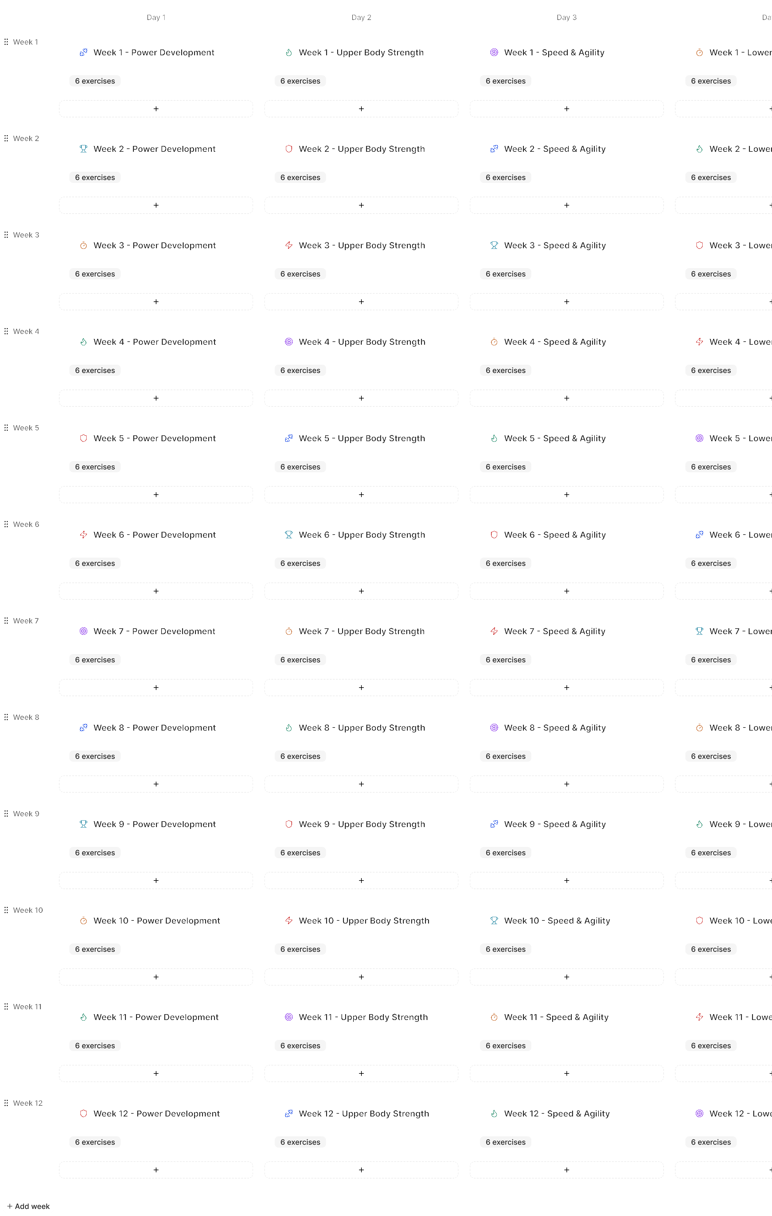 Straton program builder weeks with day-by-day workout cards