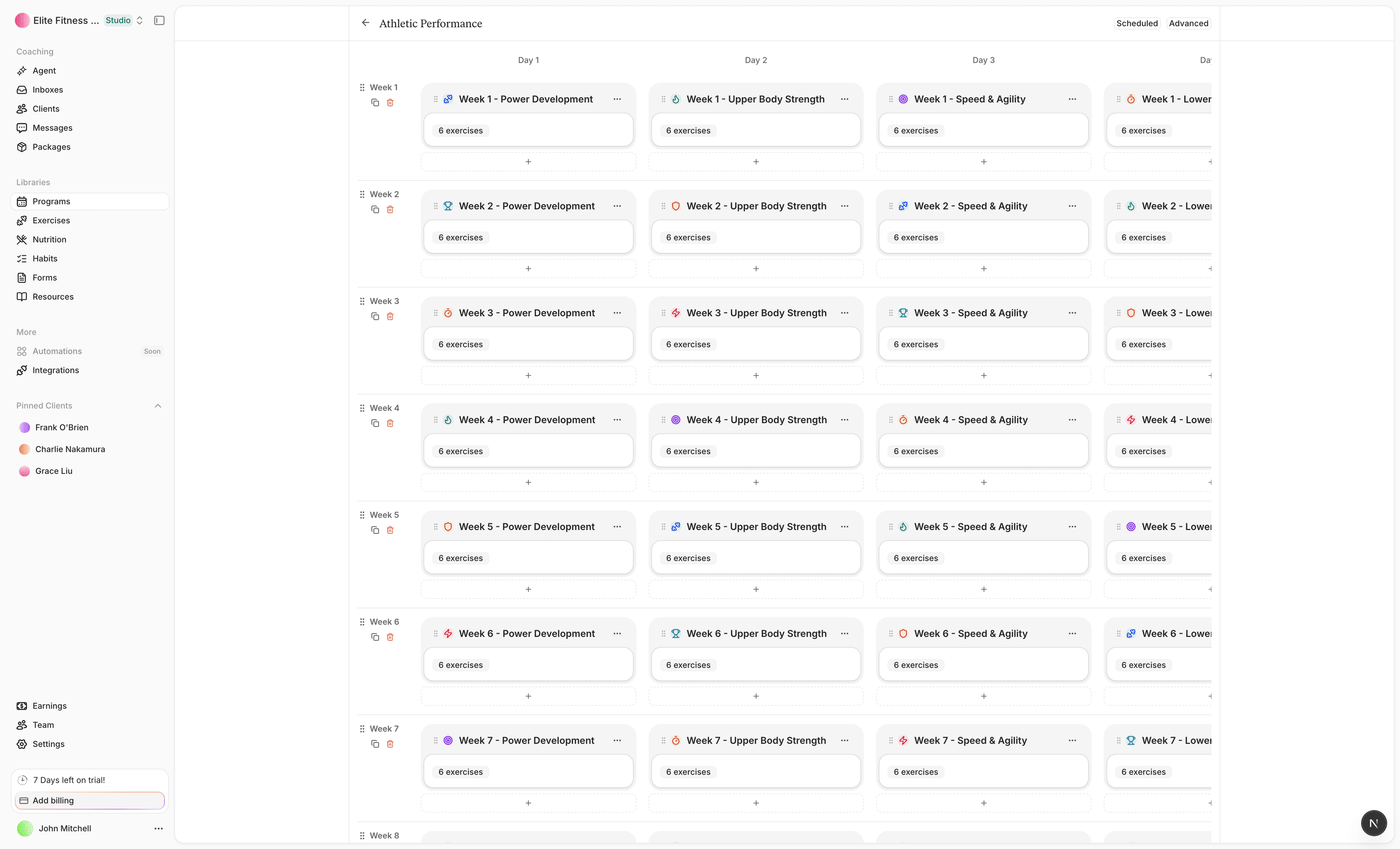Straton workout builder with an eight-week athletic performance program laid out week by week