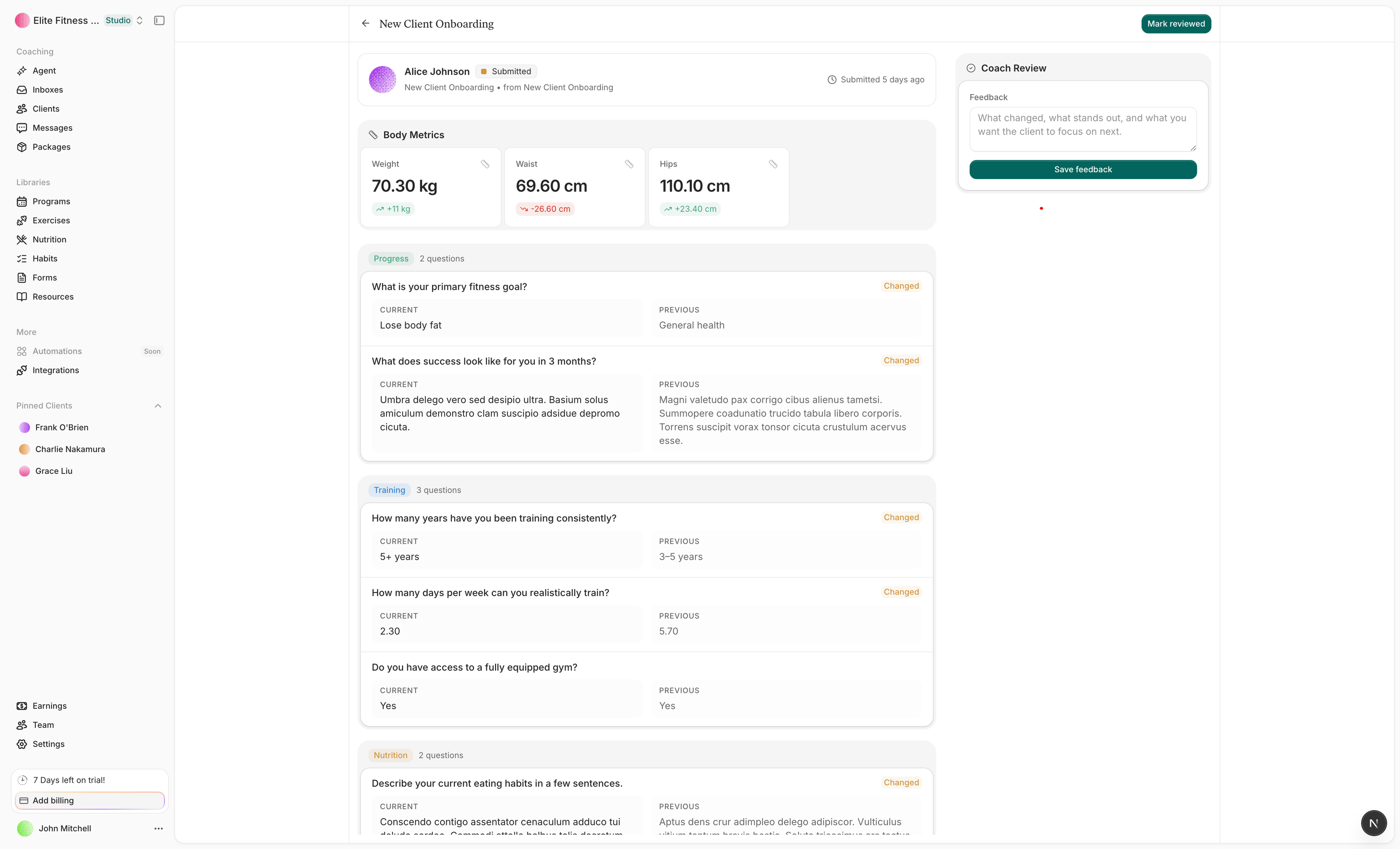A client check-in in Straton with the changes since the last one laid out
