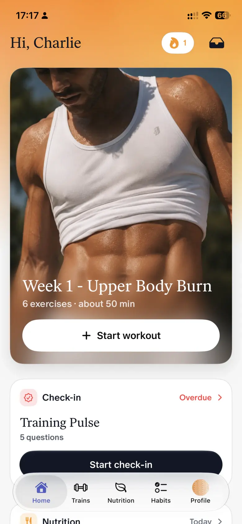 The Straton client app home screen with today's workout, meals, and habits