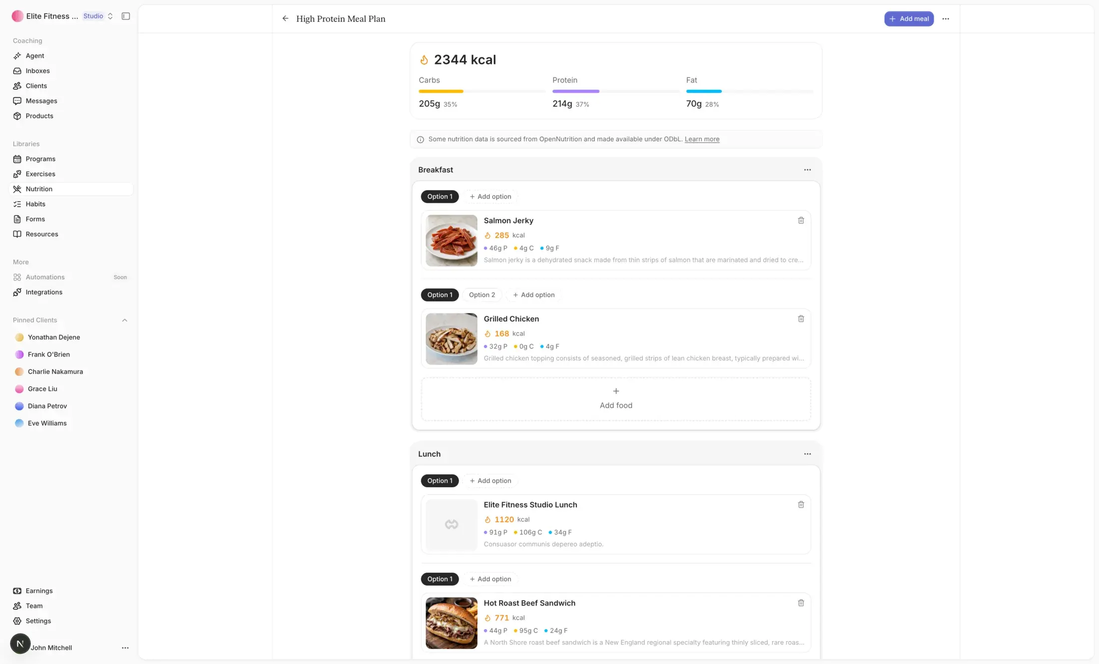 A Straton nutrition plan with meal options built to the same targets