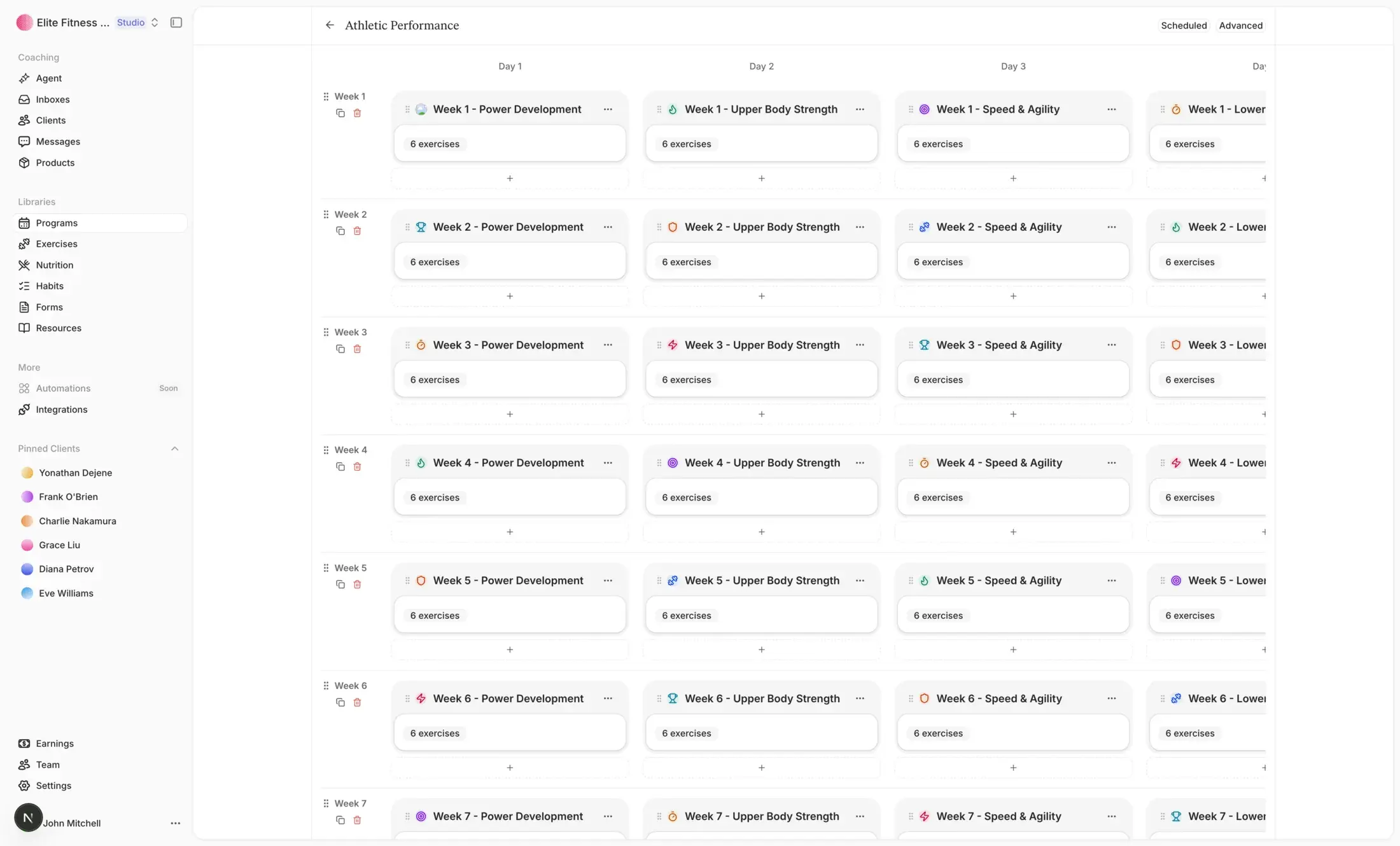 The Straton program builder with a training block laid out week by week